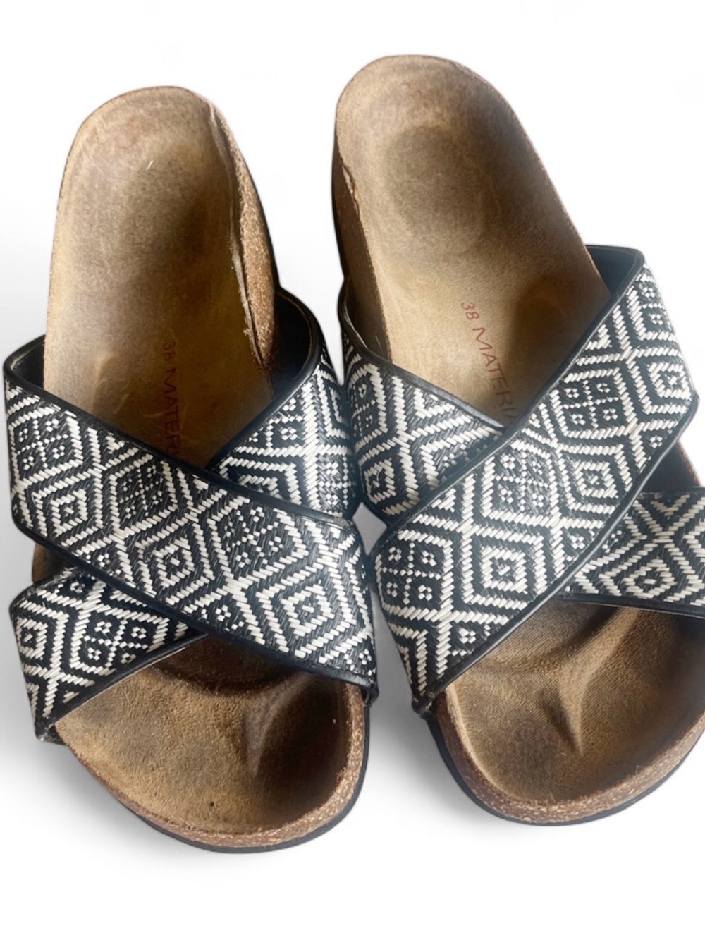 Material Girl Geometric Black & White Crisscross Pattern Slide Clogs